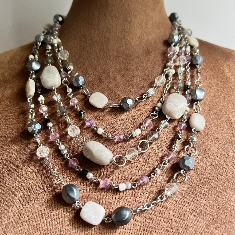 Lia Sophia Multi Strand Beaded Layered Necklace Silver Tone 18-21 In Whimsigoth
